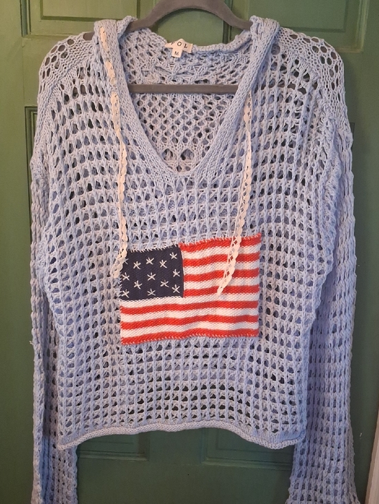 POL Tops - POL Light Blue Crochet Flag Hoodie